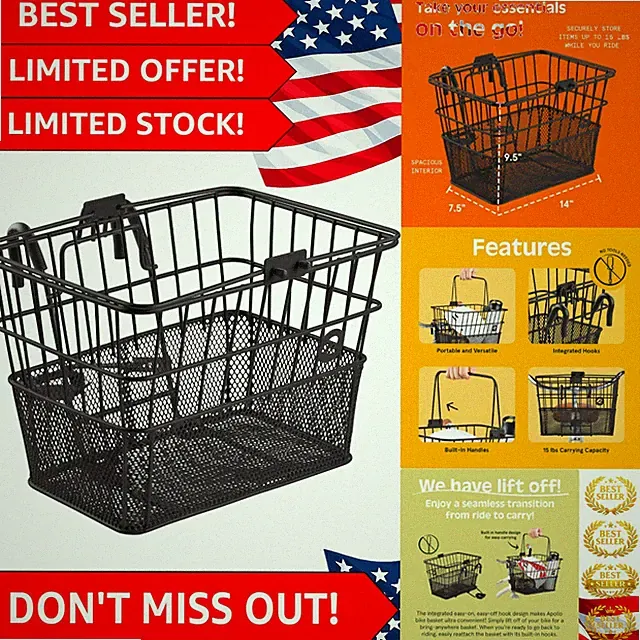 Apollo Detachable Front Bike Basket - Weather-Resistant Steel with Handle