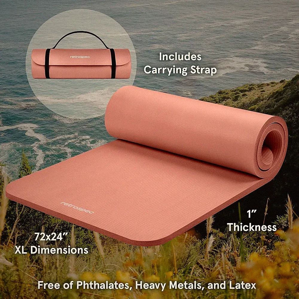 Retrospec Solana Yoga Mat 1" Thick w/Nylon Strap - Non Slip Choose ROSE or BLUE