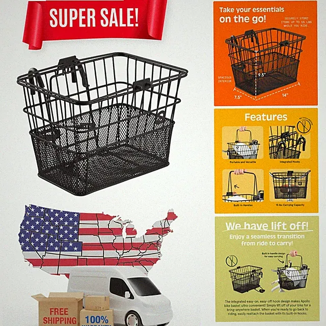 Universal Fit Detachable Bike Basket with Integrated Hooks & Large Capacity